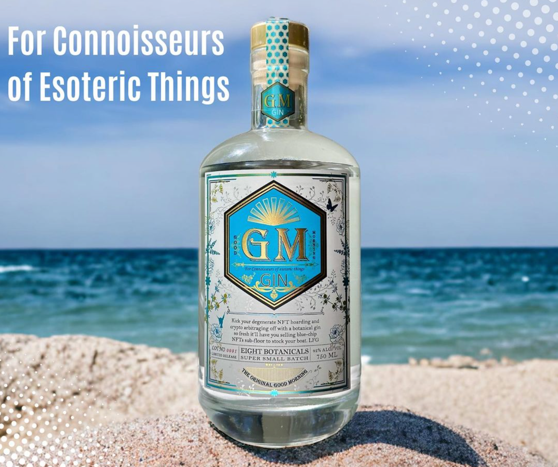 Good Morning Gin bottle on sandy beach with ocean in background, showcasing unique botanical blend for cocktail enthusiasts.