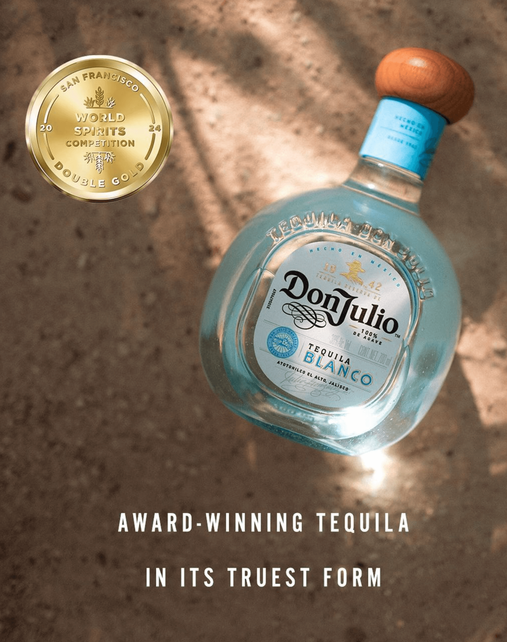 Don Julio Blanco Tequila bottle with award-winning label on a natural background.