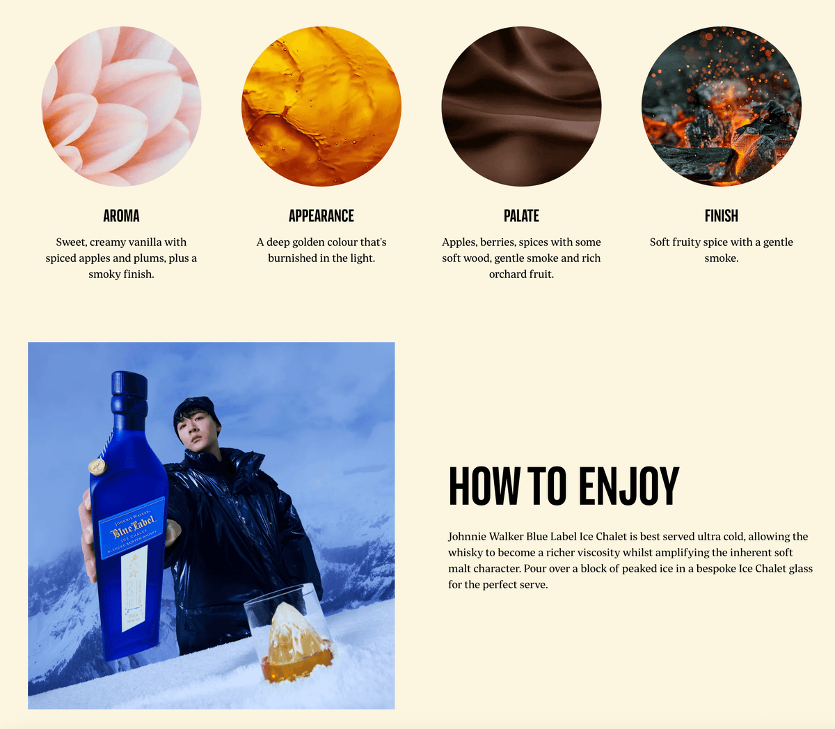 Johnnie Walker Blue Label Ice Chalet Scotch presented against a snowy backdrop with tasting notes and serving suggestions.