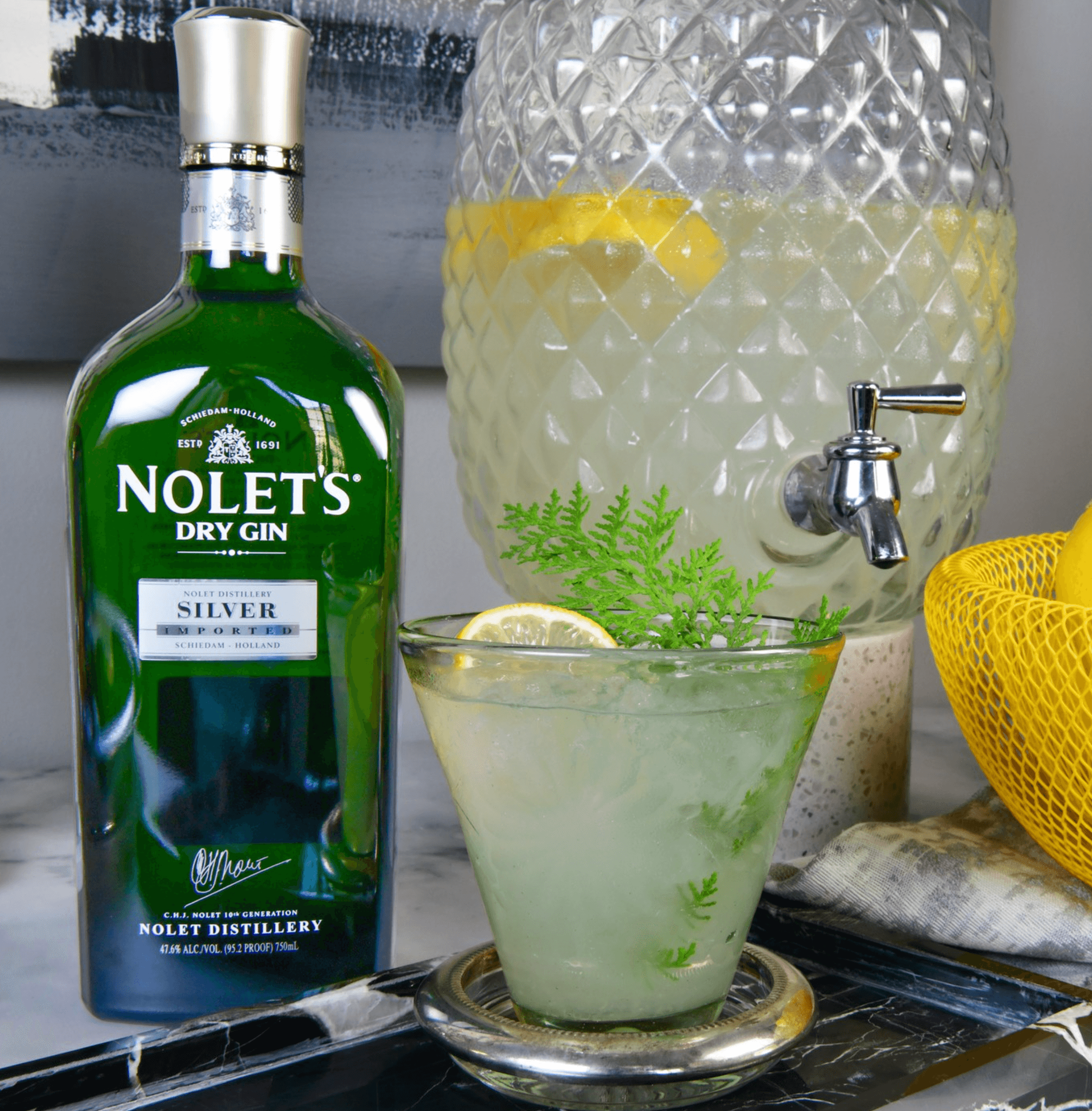 Nolet's Dry Gin Silver bottle next to a refreshing cocktail garnished with herbs and lemon, perfect for gin lovers.
