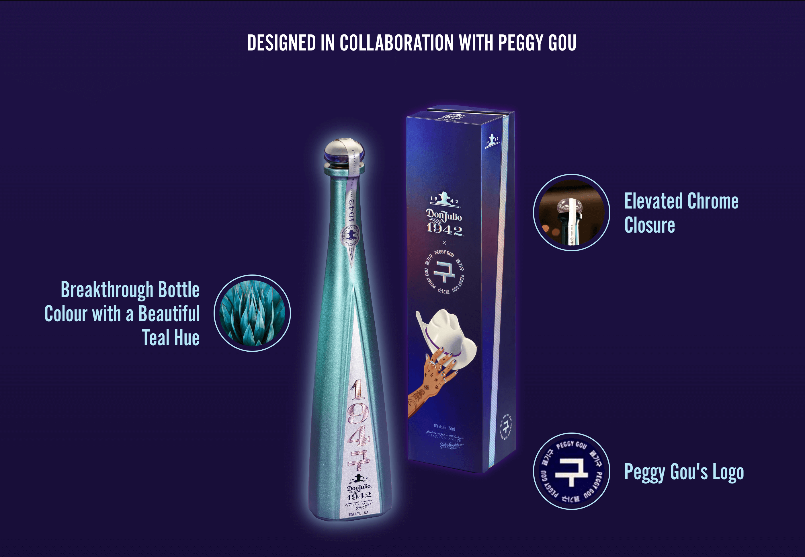 Don Julio 1942 X Peggy Gou Añejo Tequila bottle with teal hue, elevated chrome closure, and Peggy Gou's logo.