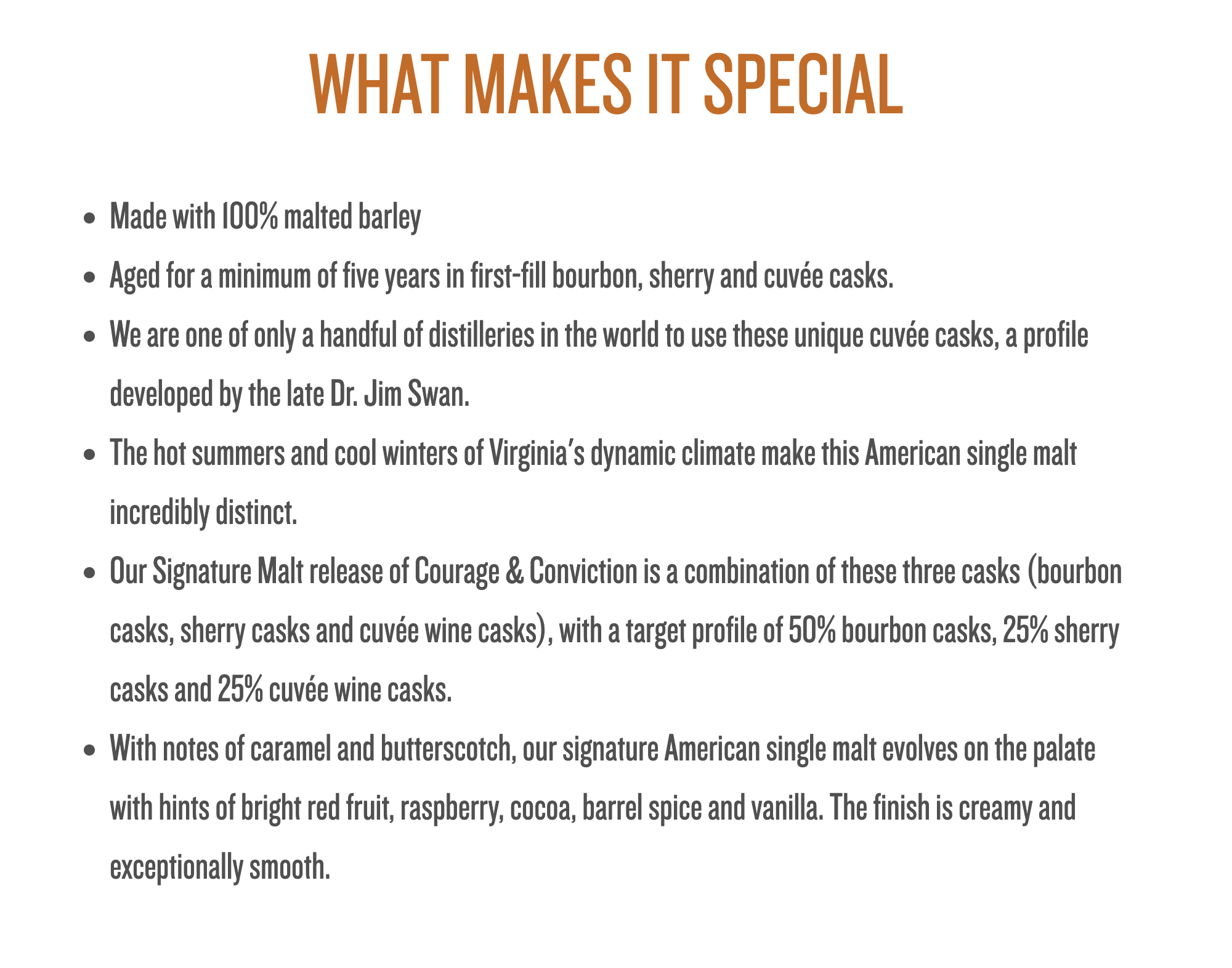 Description of Virginia Distillery Co.'s Courage & Conviction single malt whisky features and unique cask aging.