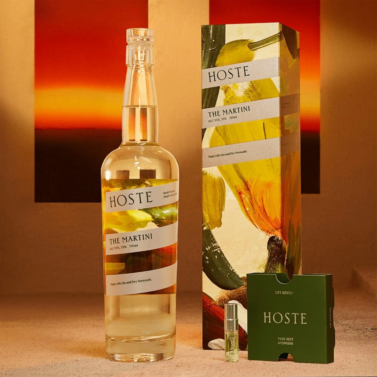 Hoste Cocktail Gin Martin featuring a stunning bottle and beautifully designed packaging with yuzu zest and dry vermouth.