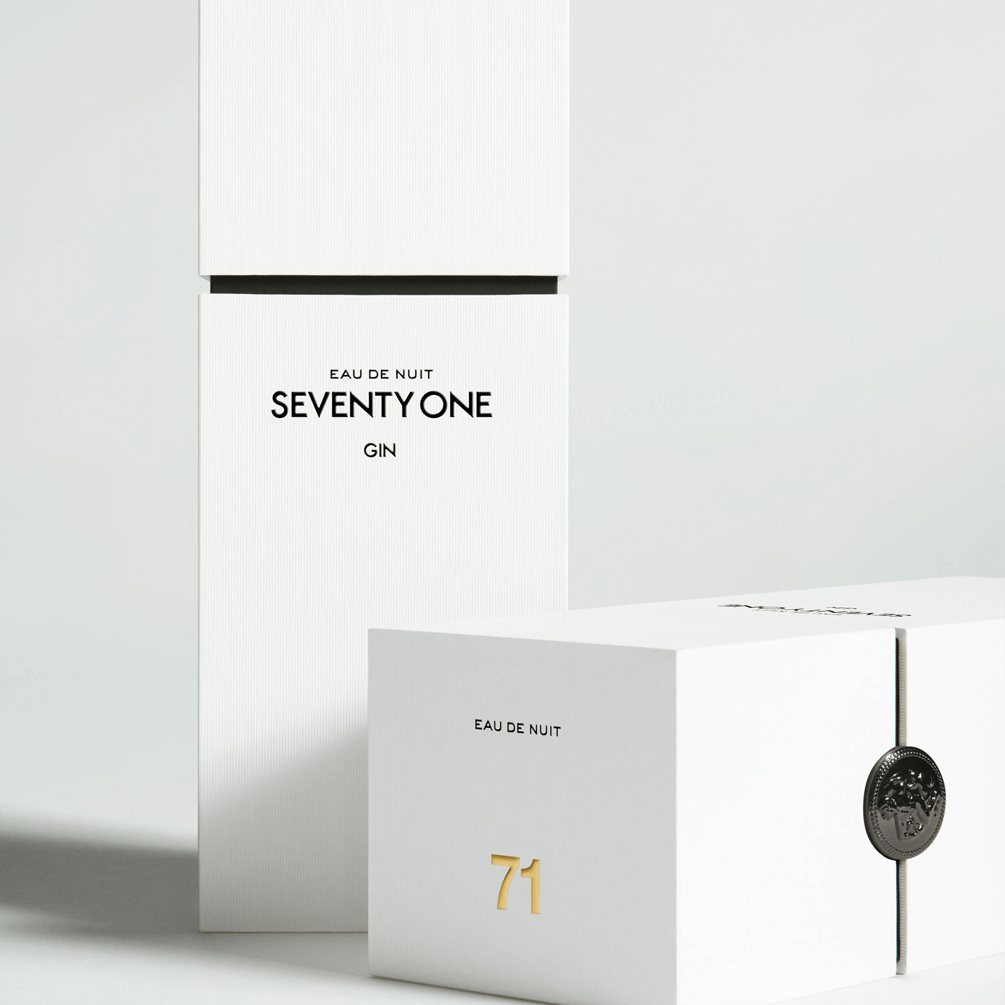 Elegant packaging of SEVENTY ONE Gin, showcasing its unique branding and luxurious design elements.