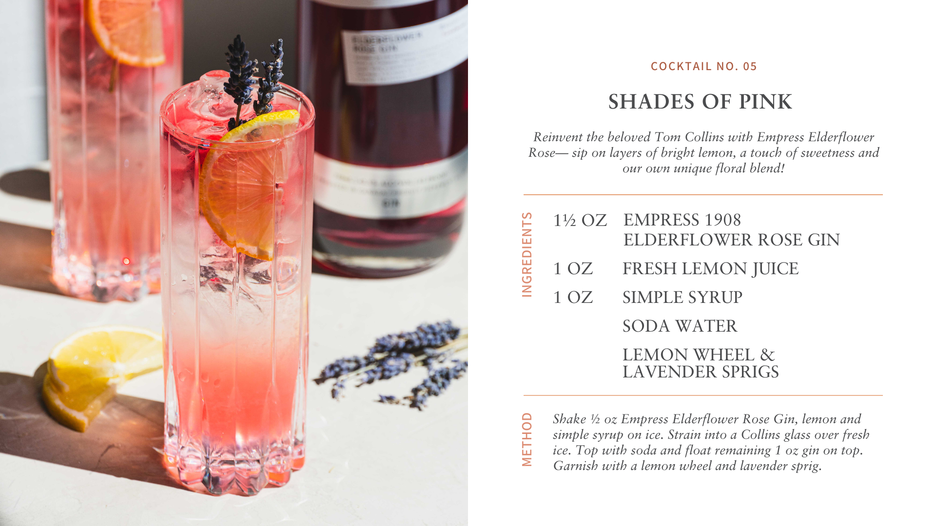 Cocktail recipe for Shades of Pink featuring Empress 1908 Elderflower Rose Gin, lemon, and lavender.