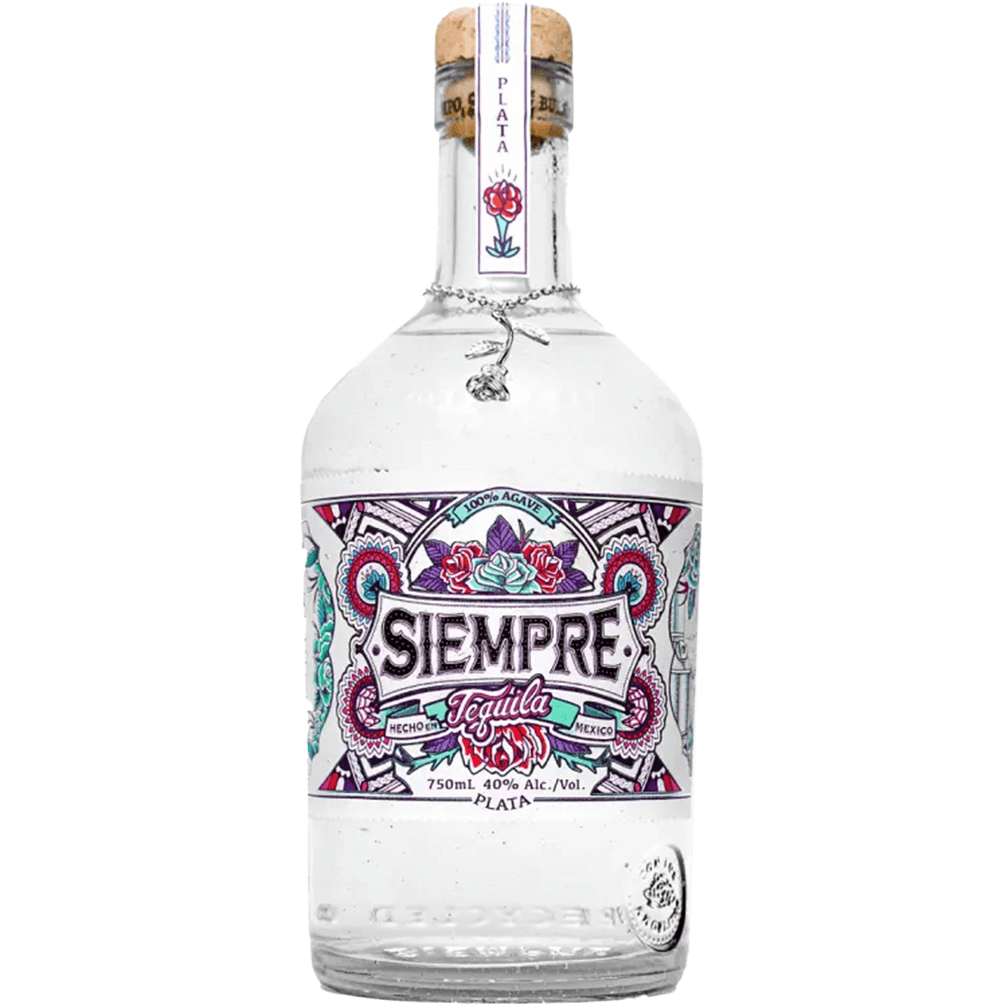 Siempre Plata Tequila bottle showcasing intricate label design and artisan craftsmanship.