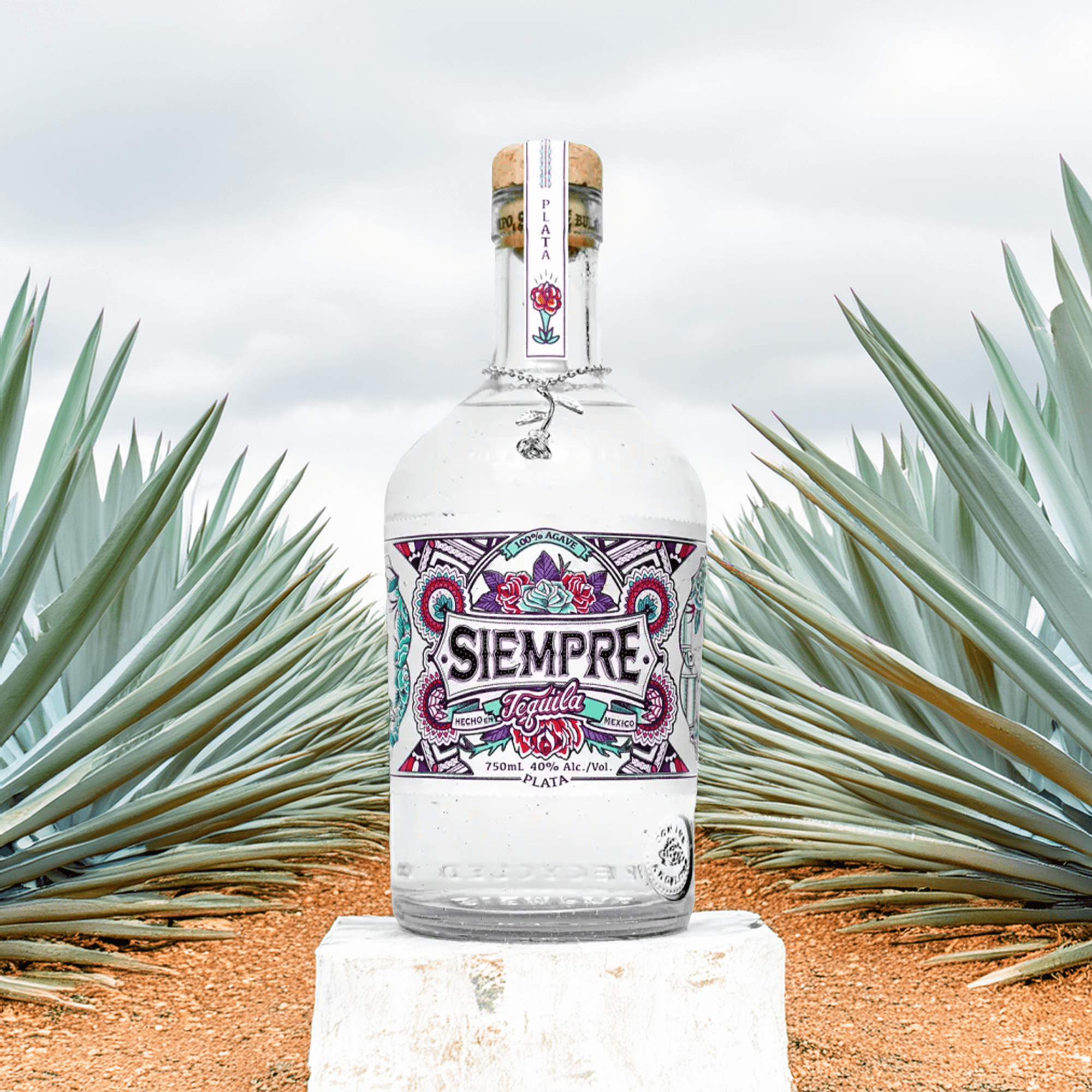 Siempre Plata Tequila bottle with agave plants in Jalisco, showcasing its unique terroir and artisan craftsmanship.
