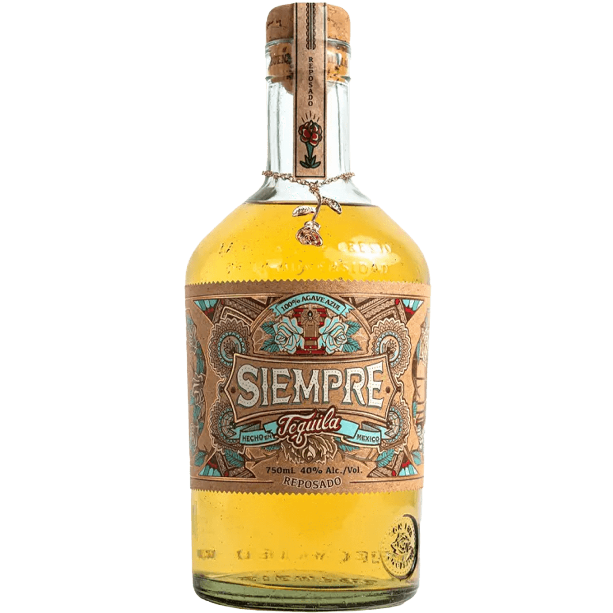 Siempre Reposado Tequila bottle showcasing its unique label and golden hue, aged in white American oak.