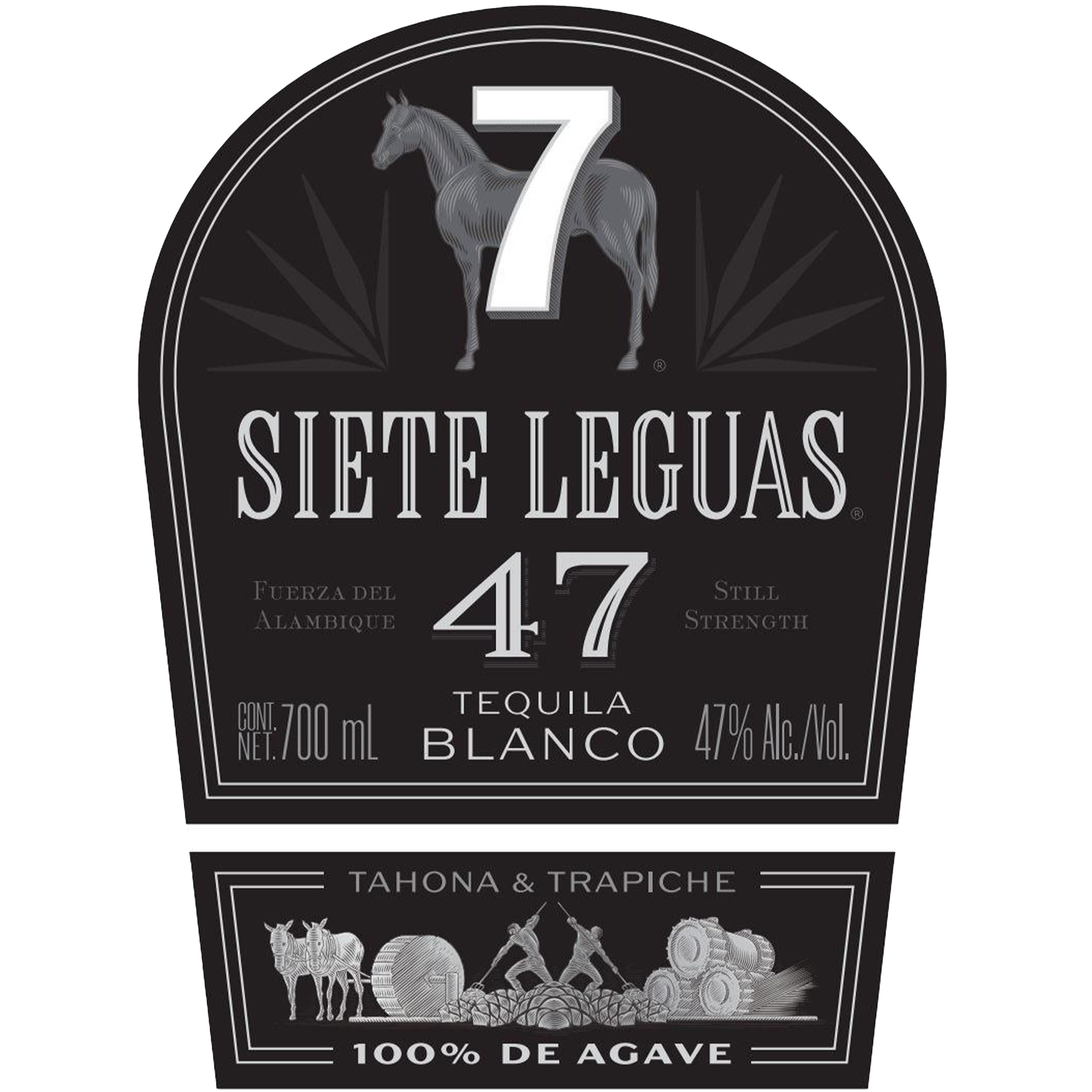 Siete Leguas 47 Still Strength Blanco Tequila bottle label showcasing 47% ABV and rich agave flavors.