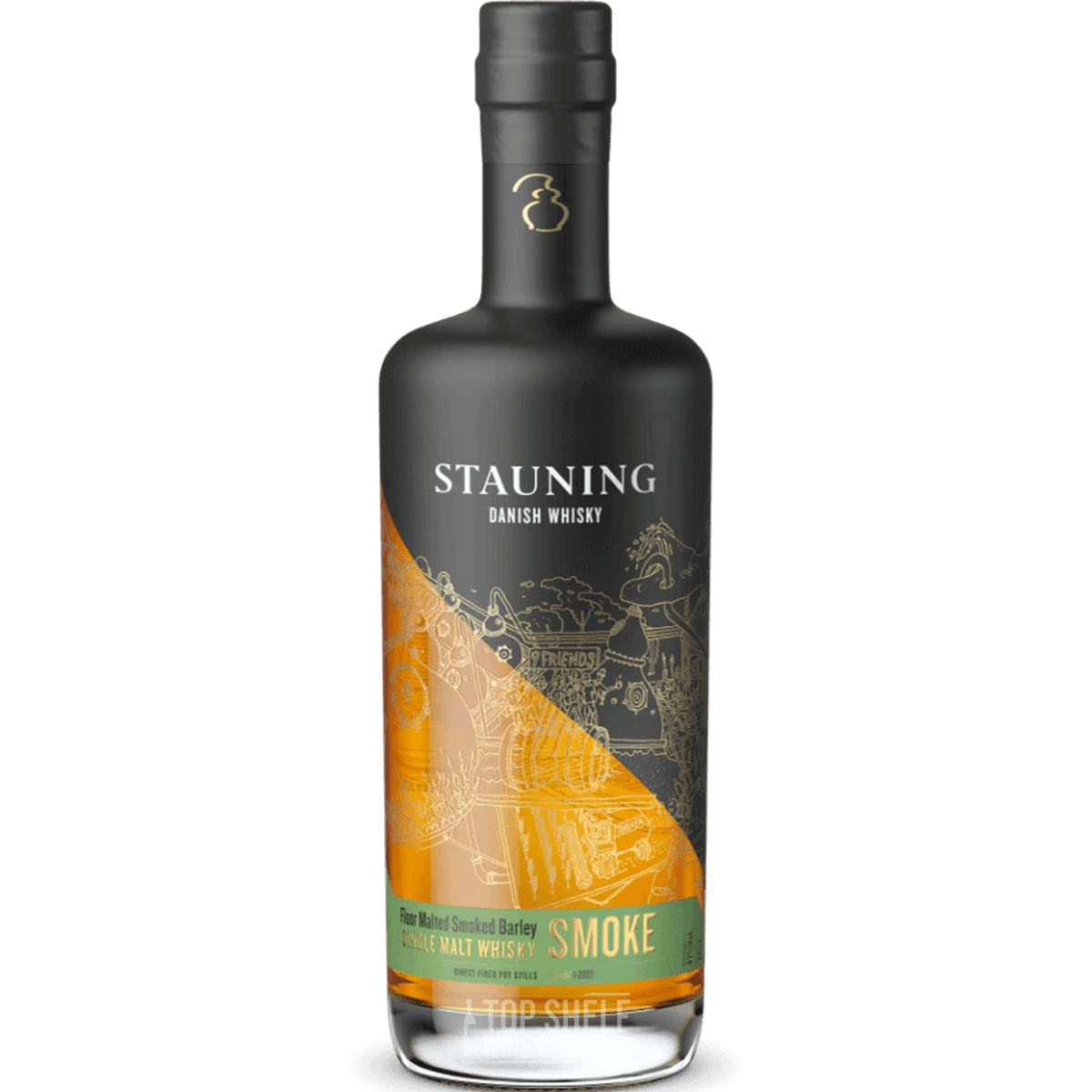 Stauning Smoke Single Malt Whisky bottle, featuring heather and peat smoked local barley in a sleek design.