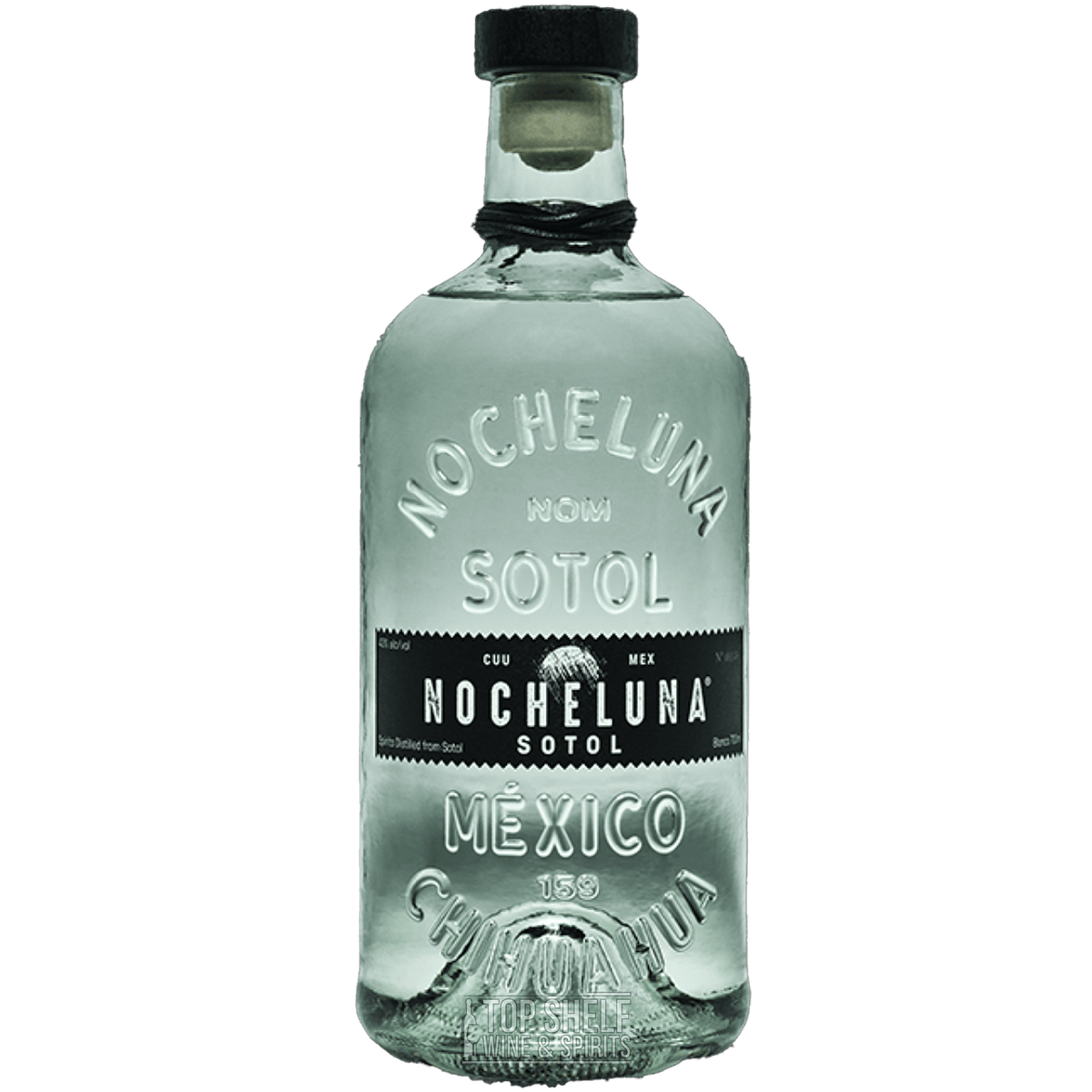 Nocheluna Sotol Blanco Spirit bottle showcasing its unique glass design, labeled with origins from Chihuahuan desert, Mexico.