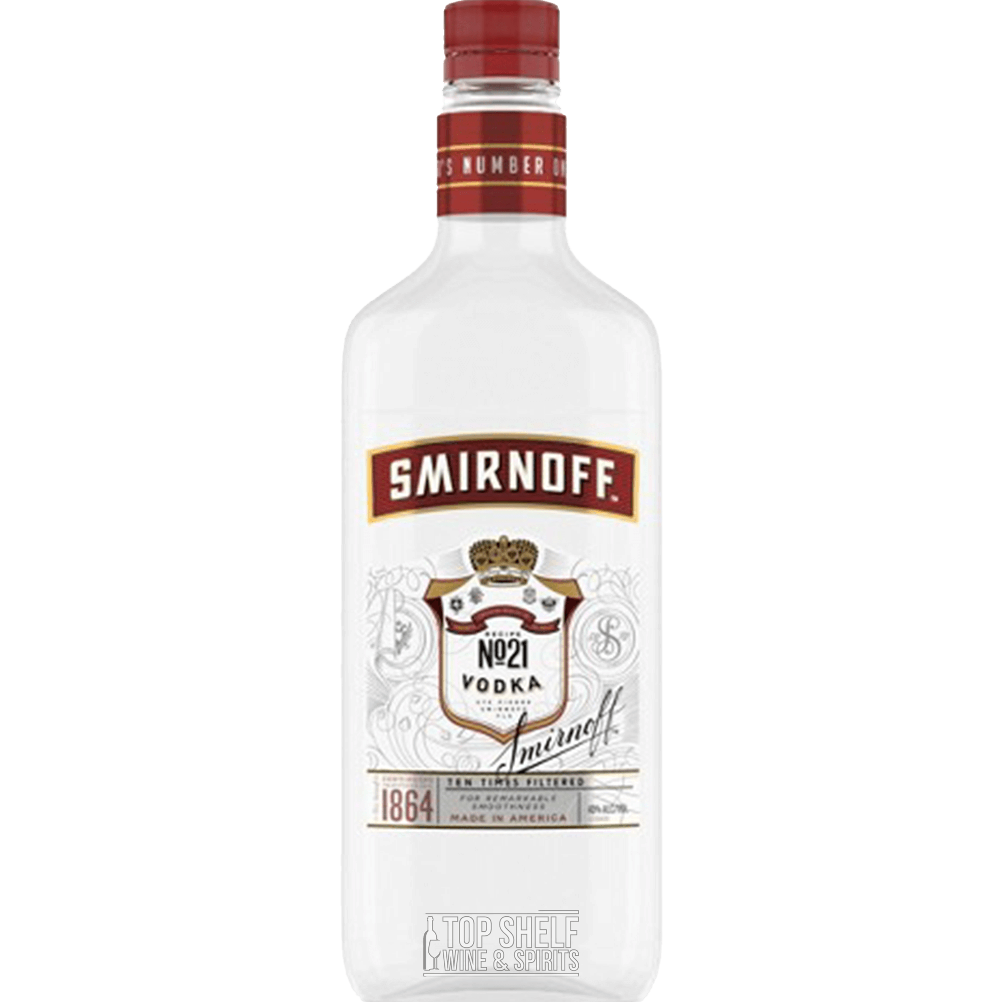 Smirnoff No. 21 Triple Distilled Vodka bottle, 80 proof, perfect for cocktails and sipping.
