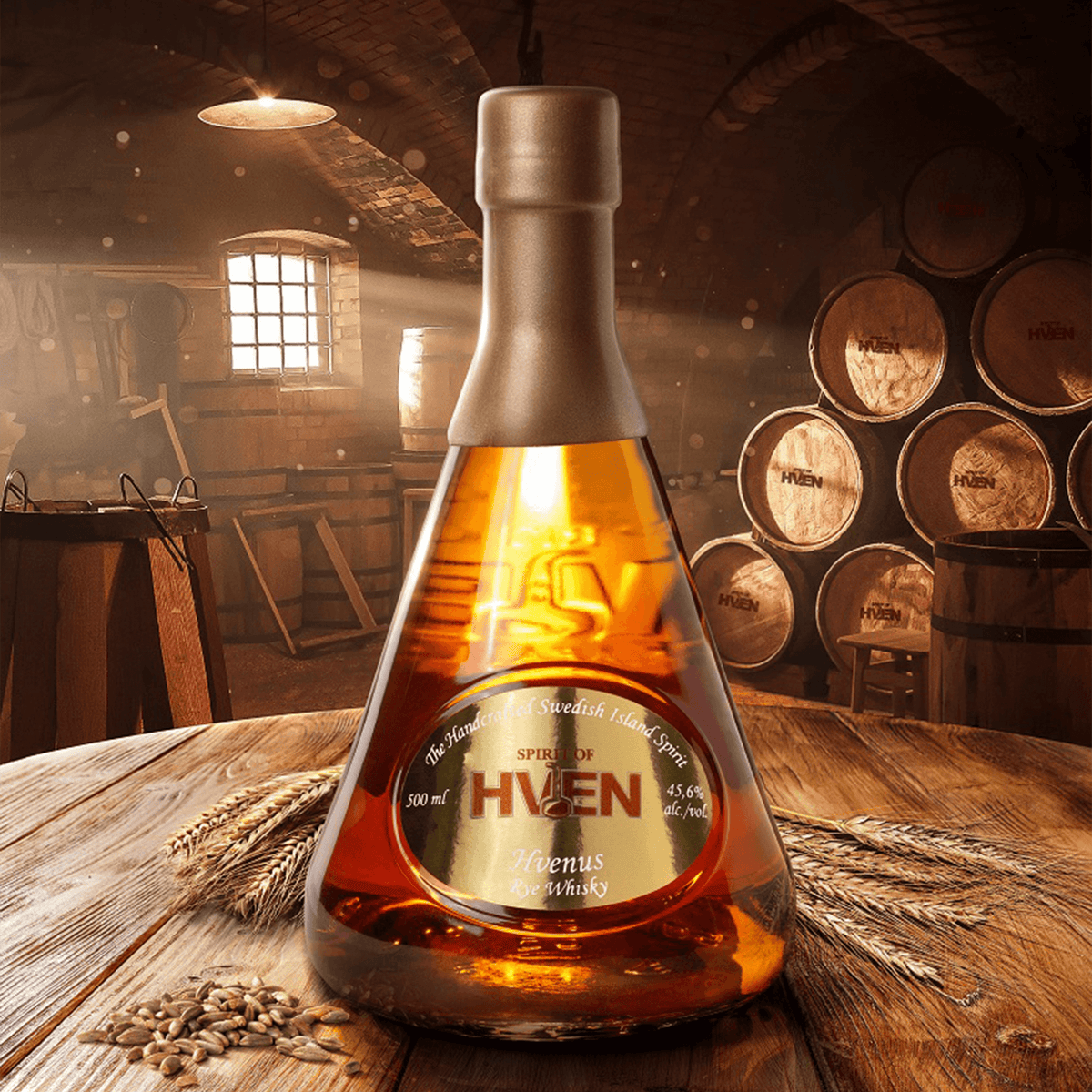 Bottle of Spirit of Hven Hvenus Rye Whisky in a rustic distillery setting, showcasing its rich amber color.
