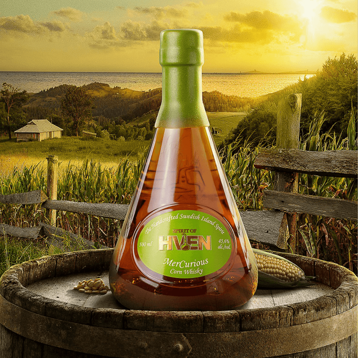 Bottle of Spirit of Hven MerCurious Corn Whisky on a wooden barrel with a scenic sunset background.
