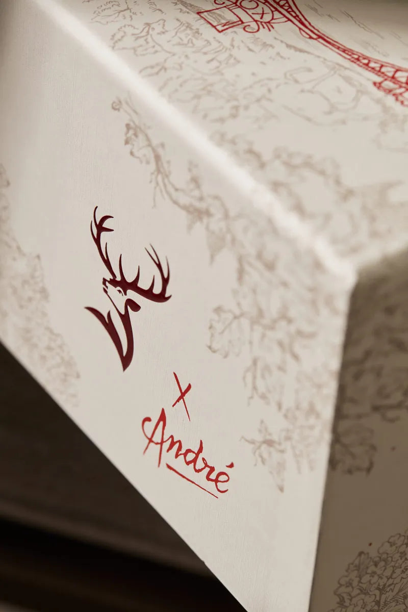 Glenfiddich Grand Château limited edition box with intricate design and red antler logo.