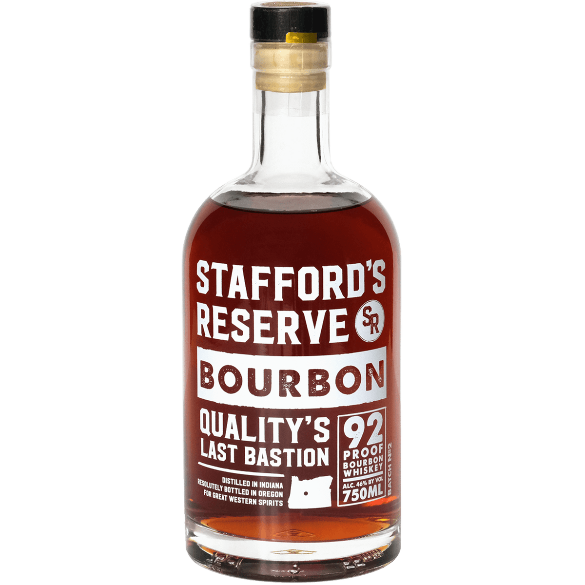 Stafford's Reserve Quality's Last Bastion Bourbon bottle, 92 proof, showcasing premium bourbon whiskey from Indiana.
