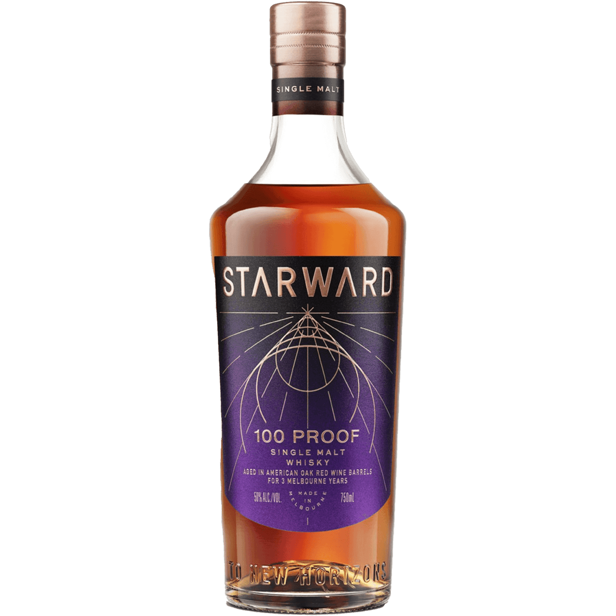 Bottle of Starward 100 Proof Single Malt Whisky, matured in red wine barrels, showcasing rich notes of plum and vanilla.