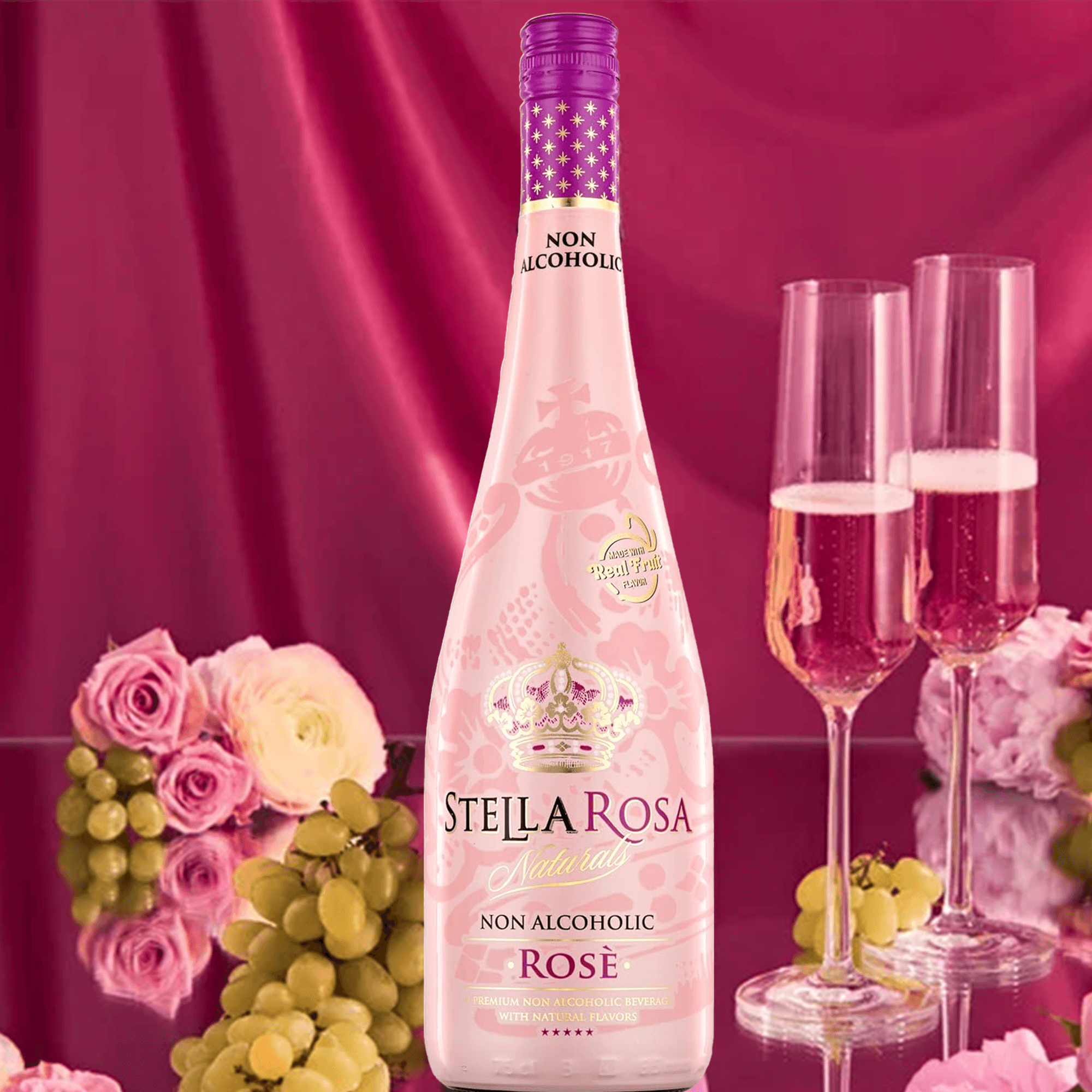 Stella Rosa Non Alcoholic Rosé bottle with sparkling glasses and flowers, perfect for celebrations and gatherings.