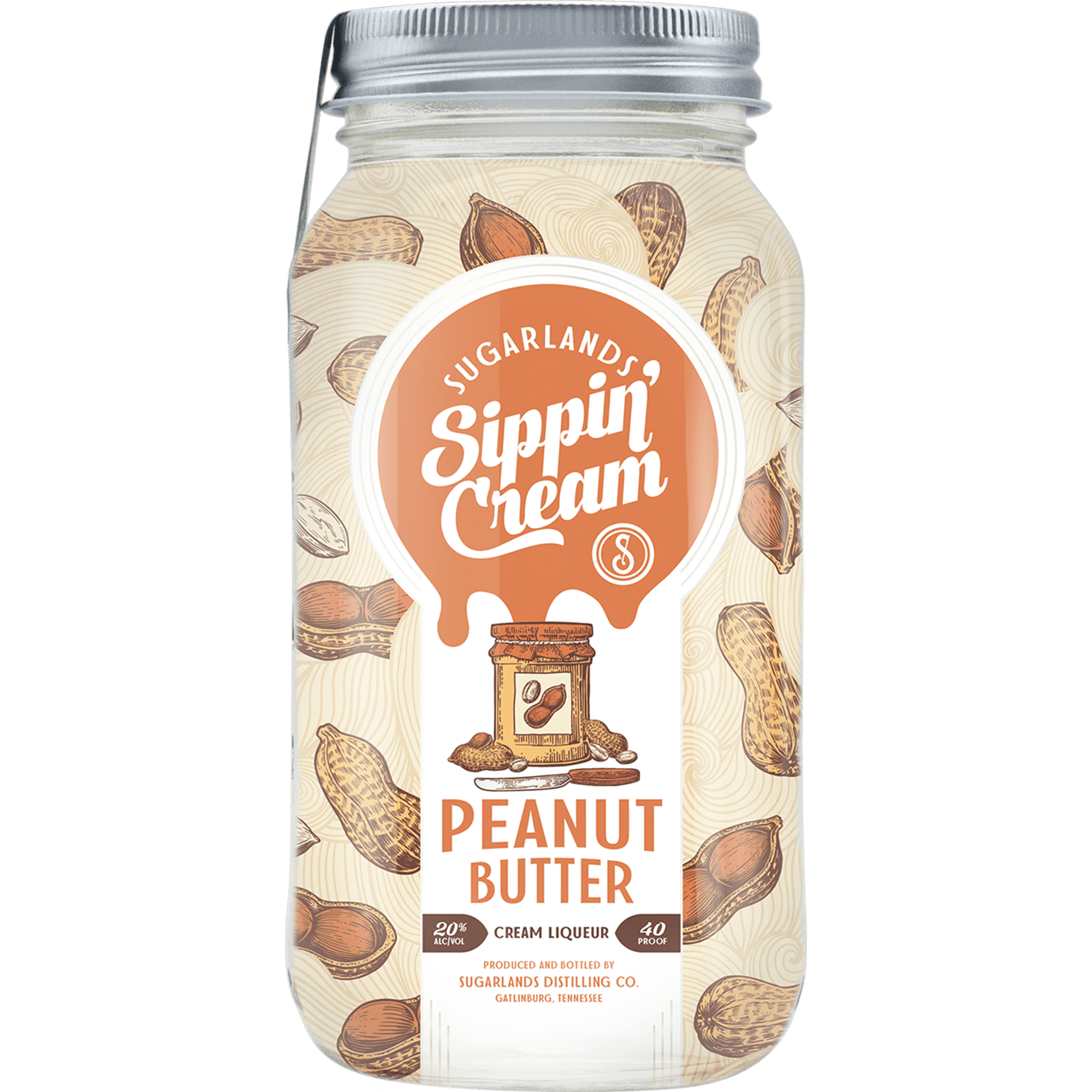 Sugarlands Peanut Butter Sippin' Cream Liqueur in a jar featuring nutty and creamy design, perfect for sipping or cocktails.