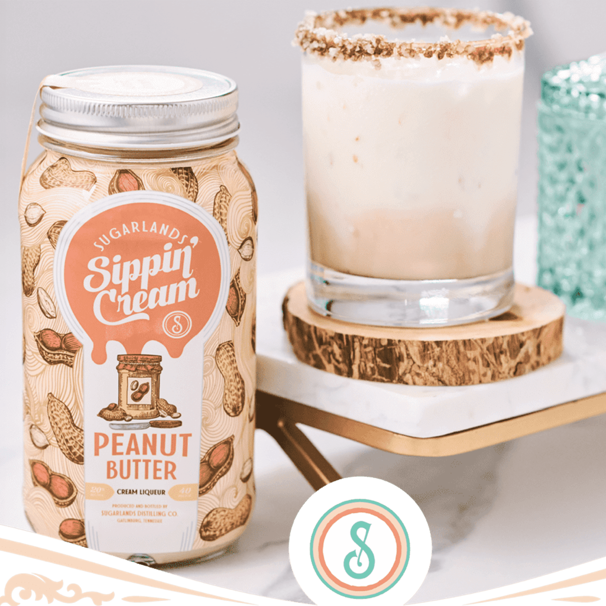 Sugarlands Peanut Butter Sippin Cream Liqueur with cocktail, showcasing sweet and nutty flavors, perfect for mixing or sipping.