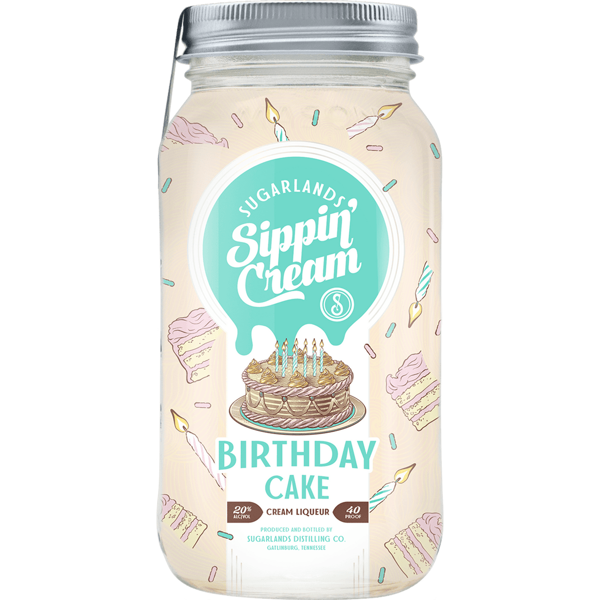 Sugarlands' Birthday Cake Sippin' Cream liqueur in decorative jar, featuring cake design and festive colors.