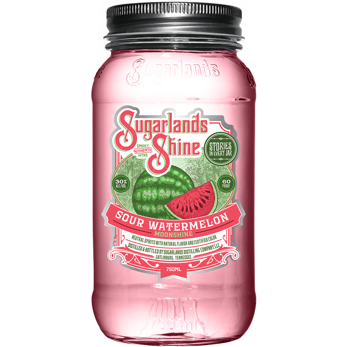 Sugarlands Shine Sour Watermelon Moonshine in a jar, 30% ABV, refreshing tart watermelon flavor, perfect for summer adventures.
