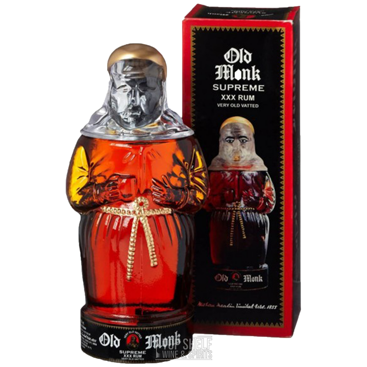 Old Monk Supreme XXX Rum bottle with iconic monk figurine packaging, showcasing its rich amber color and high alcohol content.