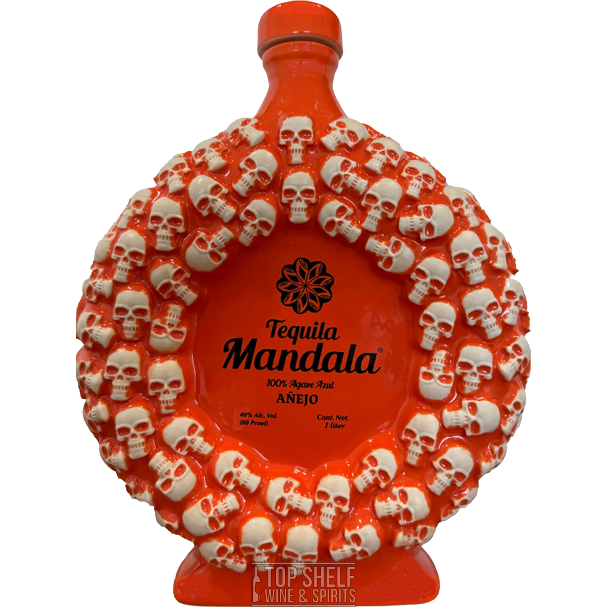 Mandala Dia De Los Muertos Añejo Tequila 1L bottle with skull design, ideal for collectors and tequila lovers.