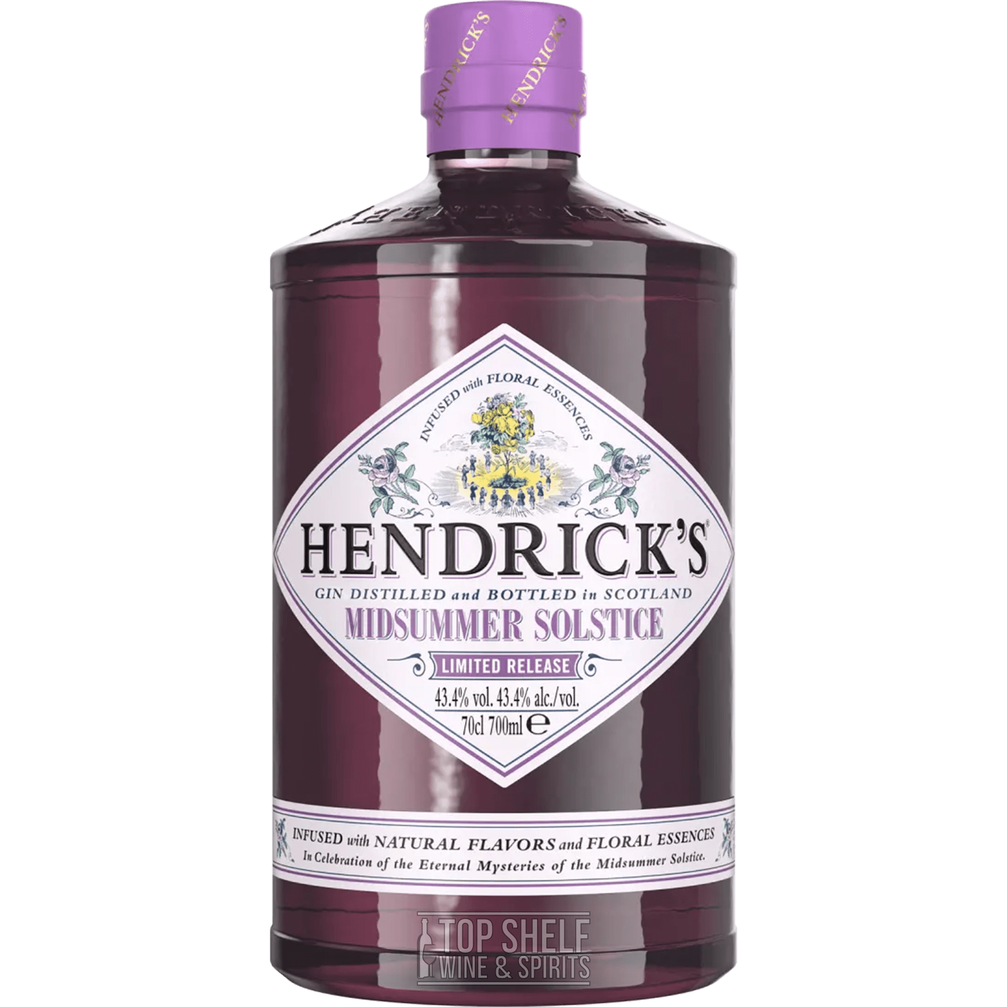 Hendrick's Midsummer Solstice Limited Edition Gin bottle, featuring floral essences and natural flavors, 700ml.