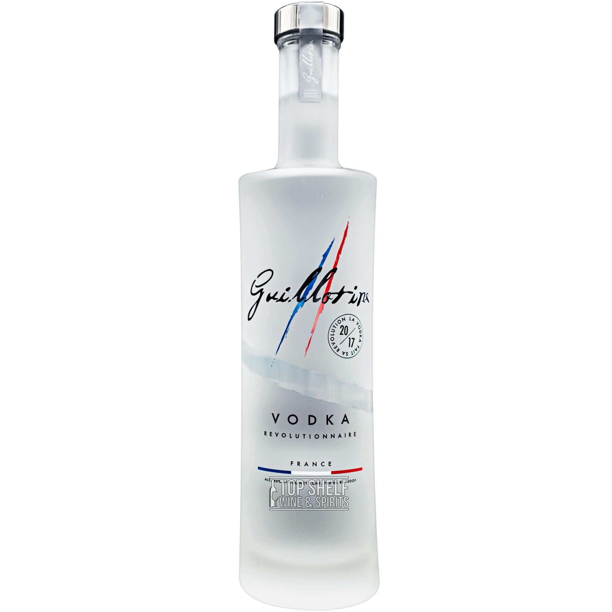 Guillotine French Vodka bottle, ultra-premium spirit crafted from Aÿ Champagne region grapes.