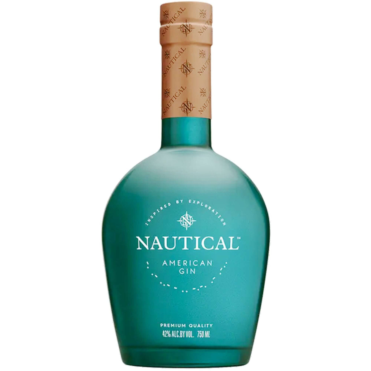 Bottle of Nautical American Gin showcasing its unique teal color and premium quality with 42% ABV.