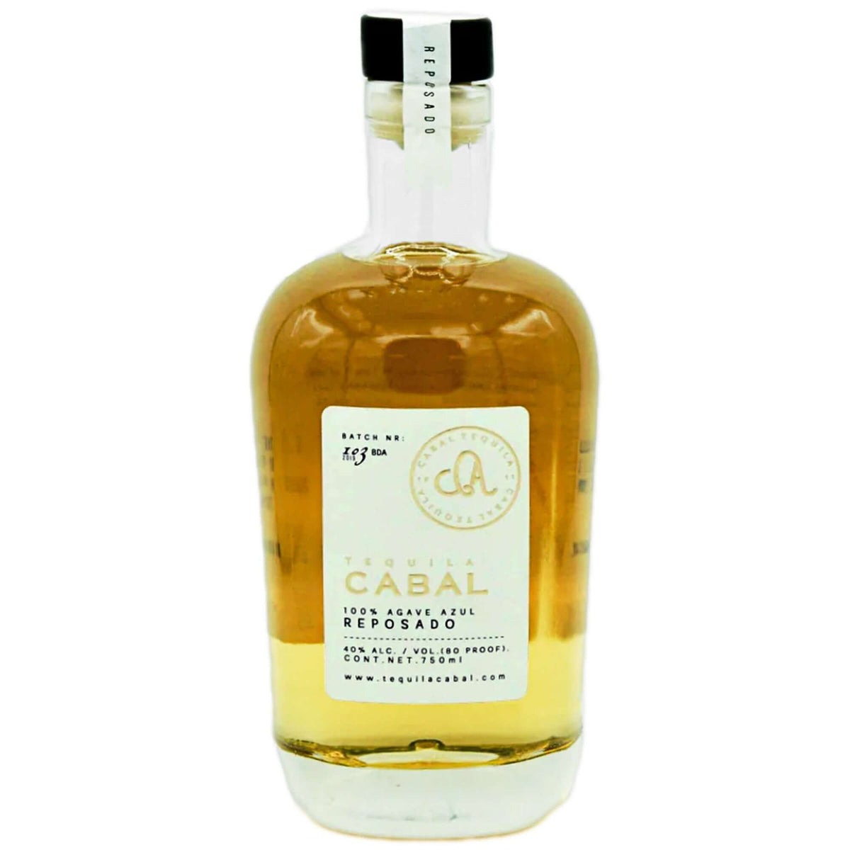 Cabal Reposado tequila bottle, aged 8 months in oak barrels, featuring notes of oak and vanilla.