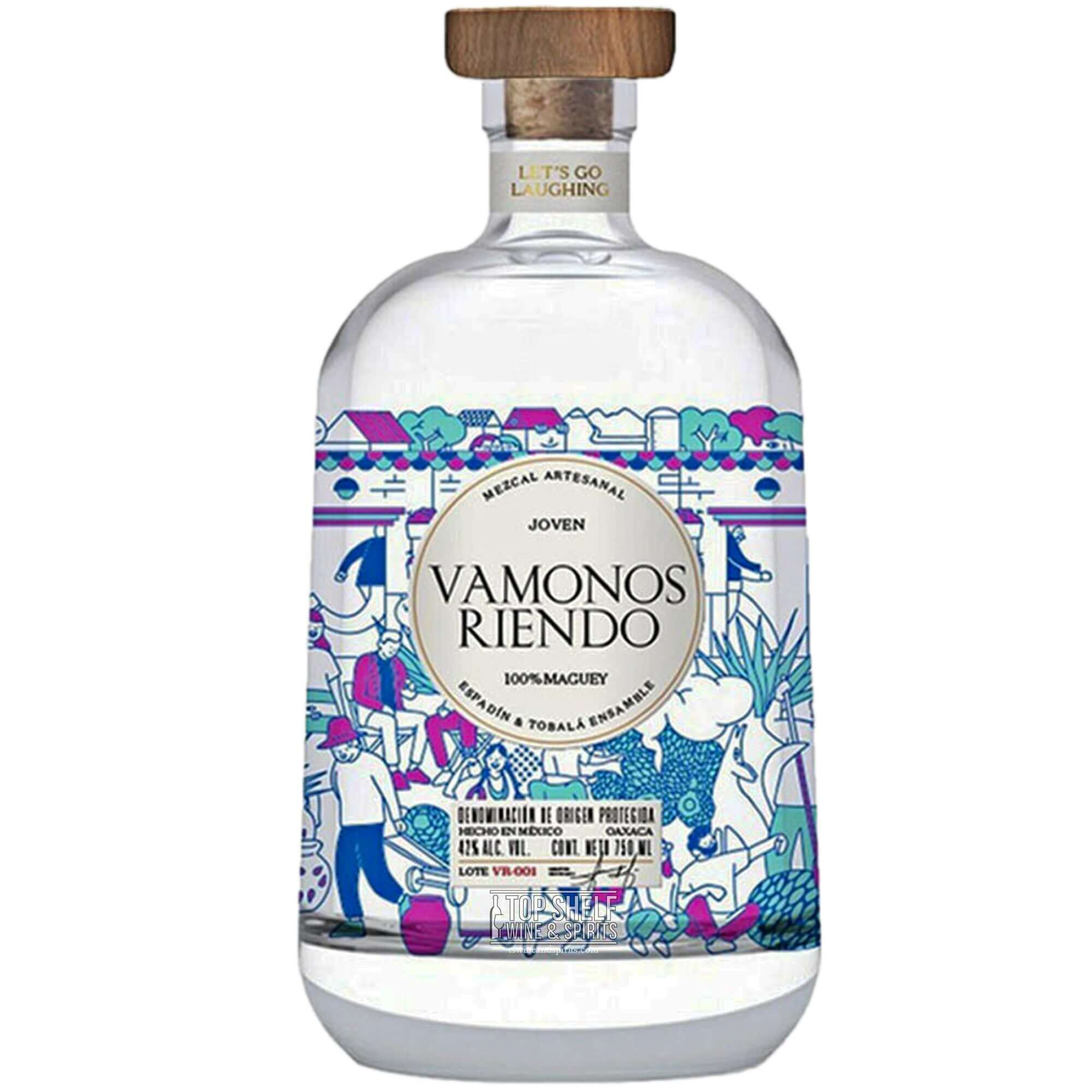 Vamonos Riendo Joven Mezcal bottle featuring artisanal design and vibrant graphics, showcasing Oaxacan creativity.