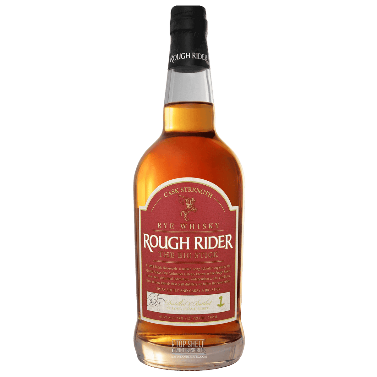 Rough Rider Big Stick Cask Strength Rye whisky bottle showcasing its rich amber color and distinctive label.