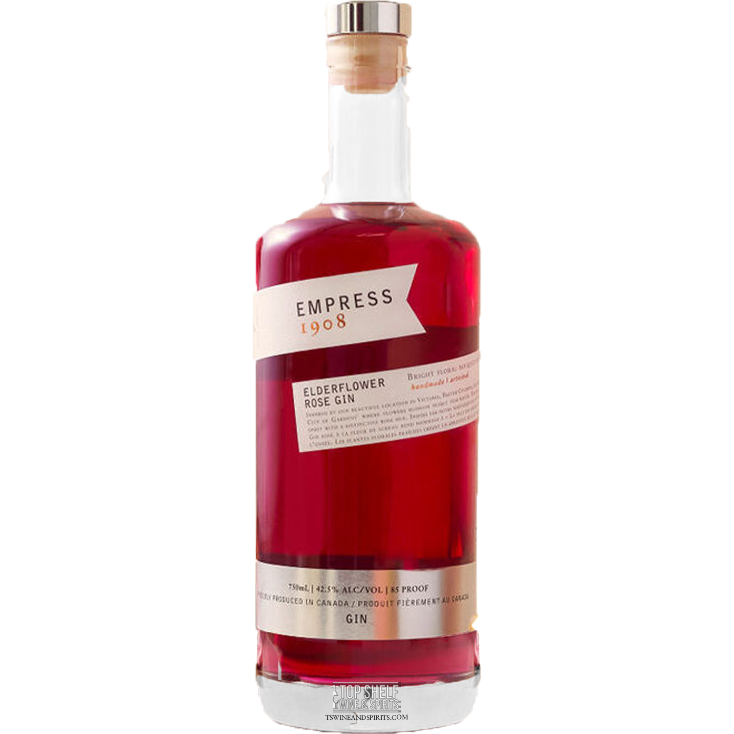 Empress 1908 Elderflower Rose Gin bottle showcasing its distinctive rose hue and elegant design.
