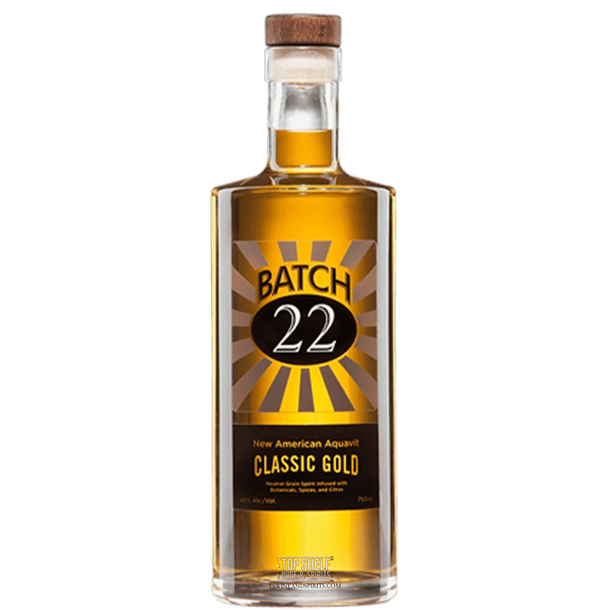 Batch 22 New American Aquavit Classic Gold bottle with botanical infusion and citrus flavors, 40% ABV.