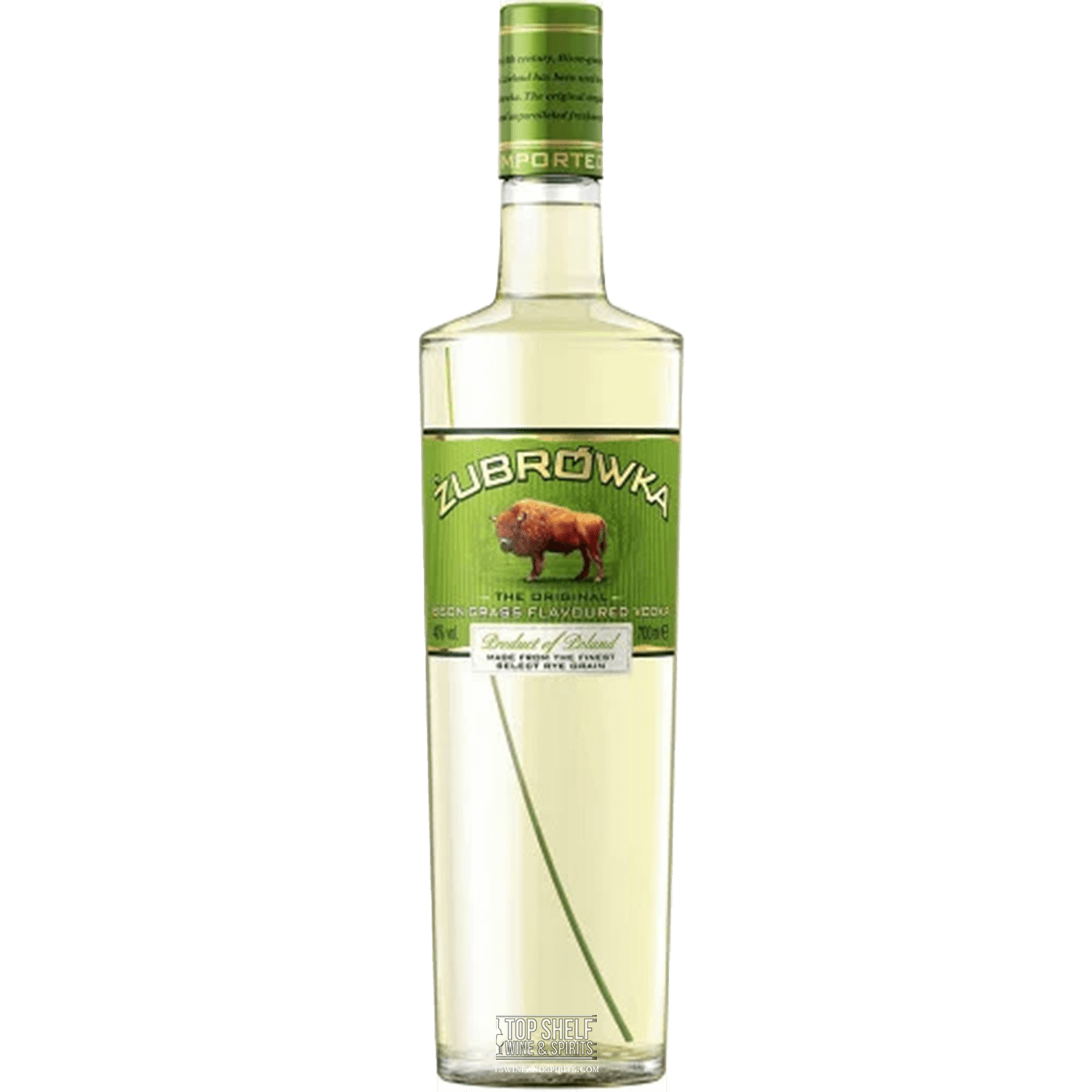 Bottle of Żubrówka Bison Grass Vodka with bison grass blade for a unique taste.