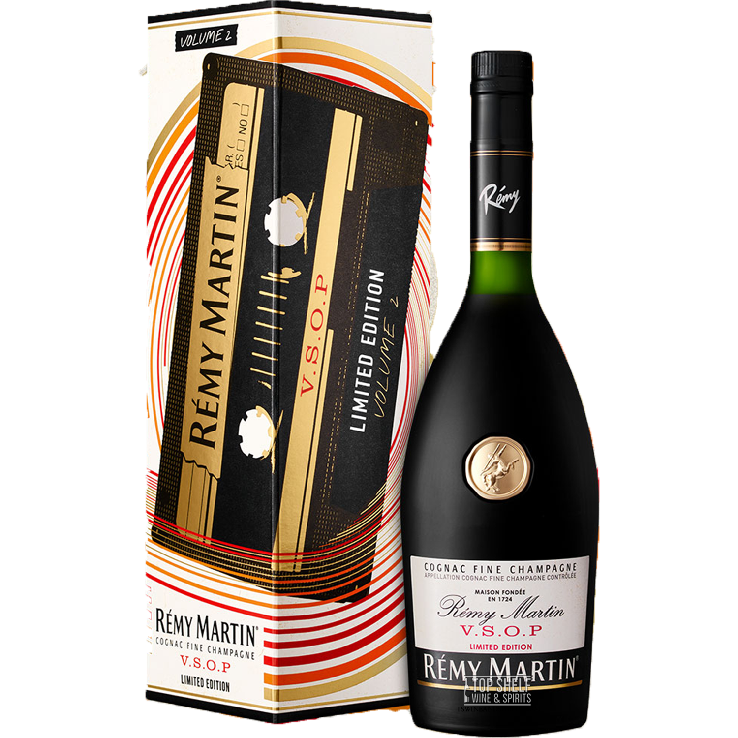 Rémy Martin VSOP Mixtape Edition Volume 2 limited edition bottle in gift box, celebrating 60's style and mixtape culture.