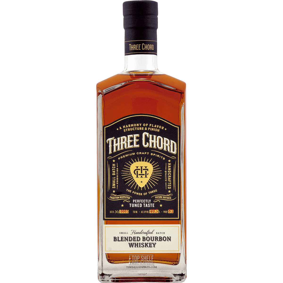 Three Chord Small Batch Blended Bourbon whiskey bottle, showcasing smooth flavors and unique wood-charring process.