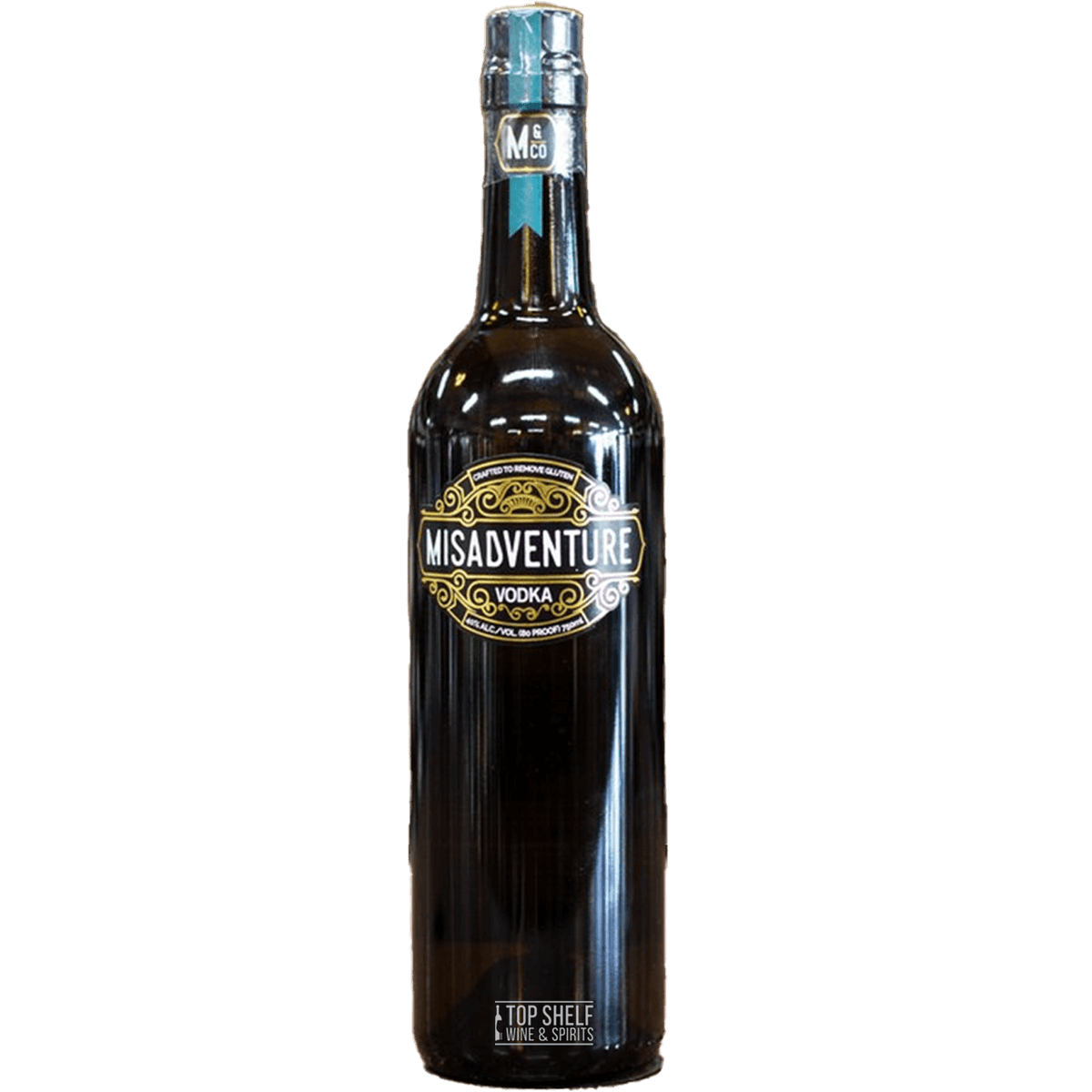 Bottle of Misadventure Sustainable Vodka showcasing eco-friendly packaging and branding.