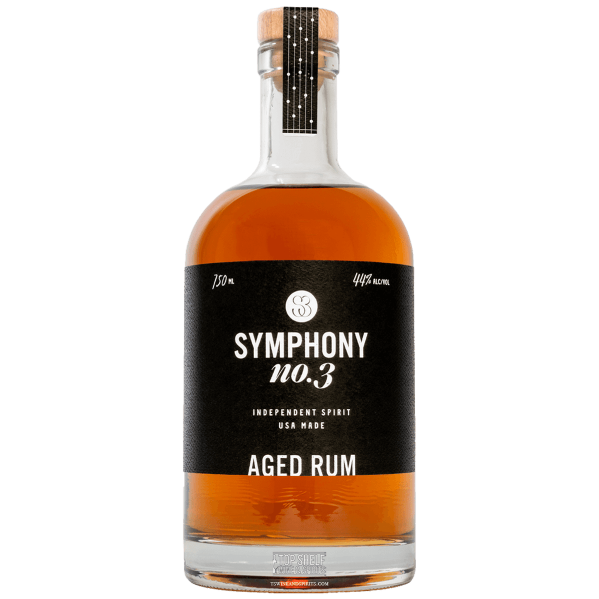 Bottle of Symphony No.3 Aged Rum, showcasing a rich amber color with a black label, 44% ABV, crafted in the USA.