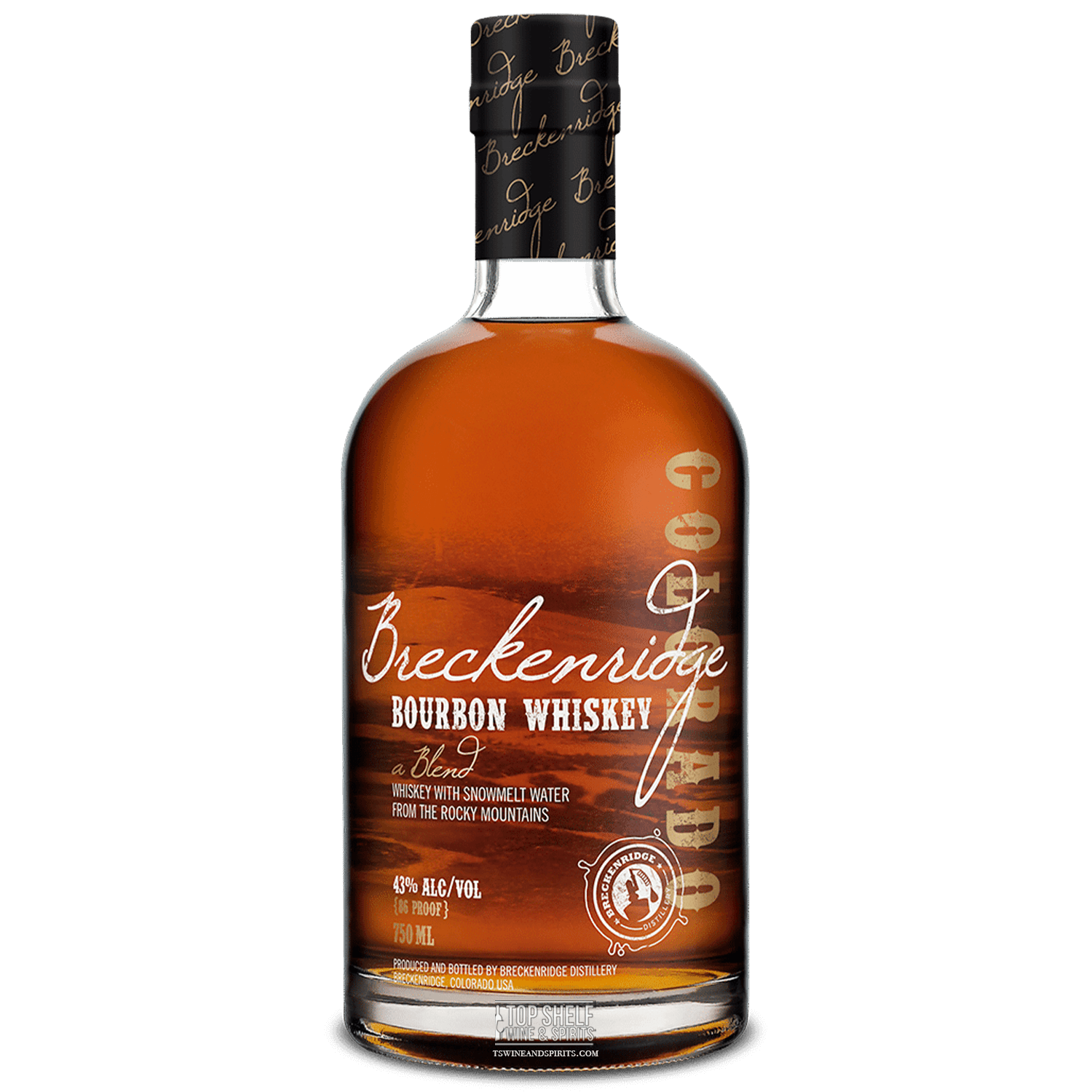 Breckenridge Bourbon Whiskey bottle, award-winning high-rye bourbon with honey-amber hue and rich aromas.