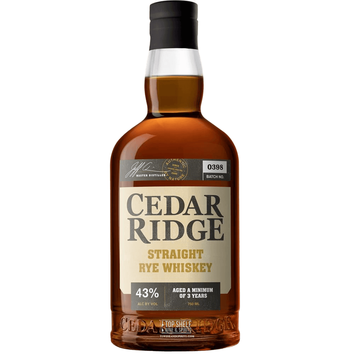 Cedar Ridge Straight Rye Whiskey bottle, crafted with malted rye, aged 3 years, 43% ABV for complex flavor.