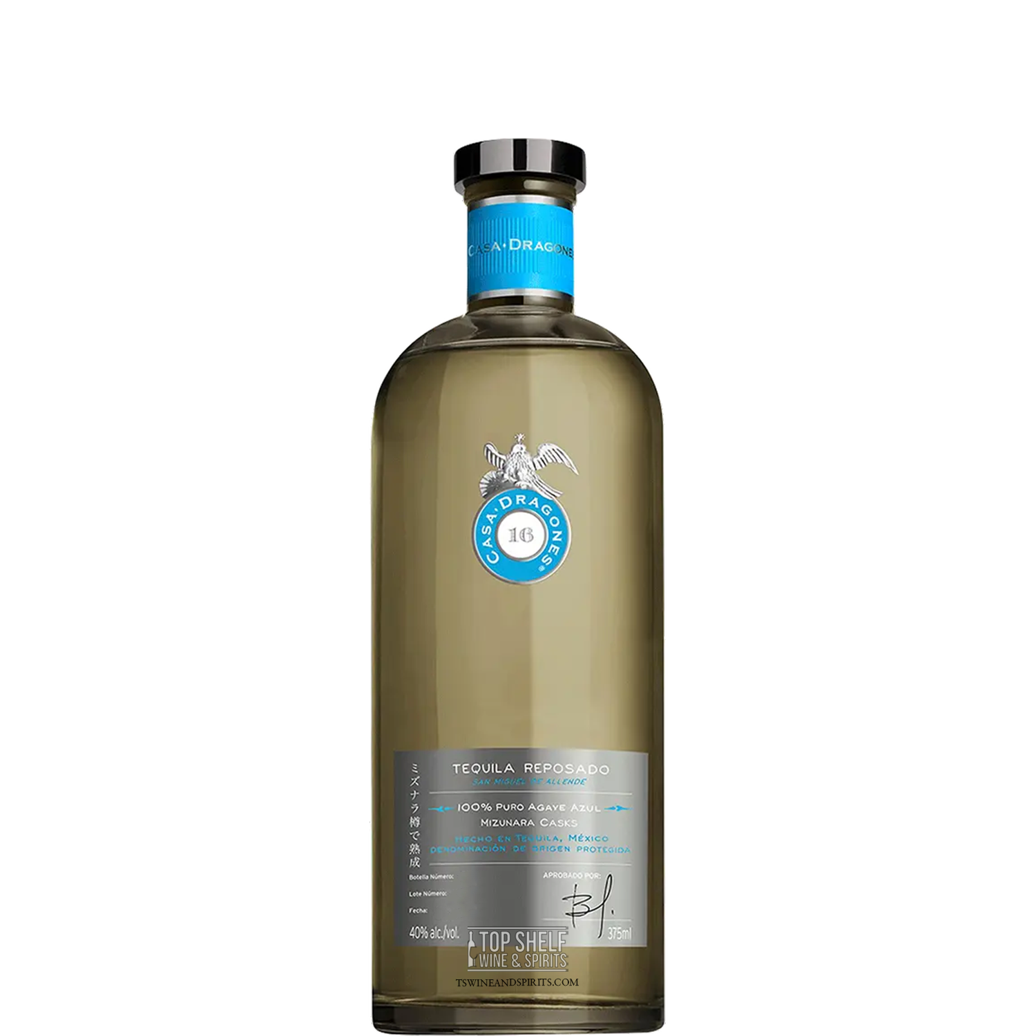 Casa Dragones Mizunara Reposado Tequila 375mL bottle featuring elegant design and blue label.