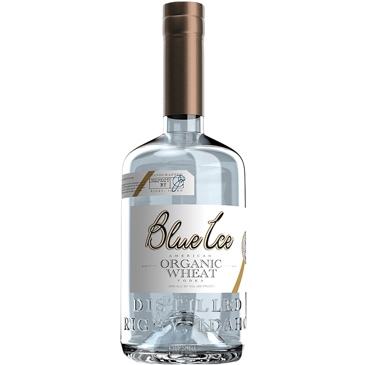 Blue Ice Organic Wheat Vodka bottle made from organic Idaho winter wheat and pure Grand Teton water, showcasing premium quality.