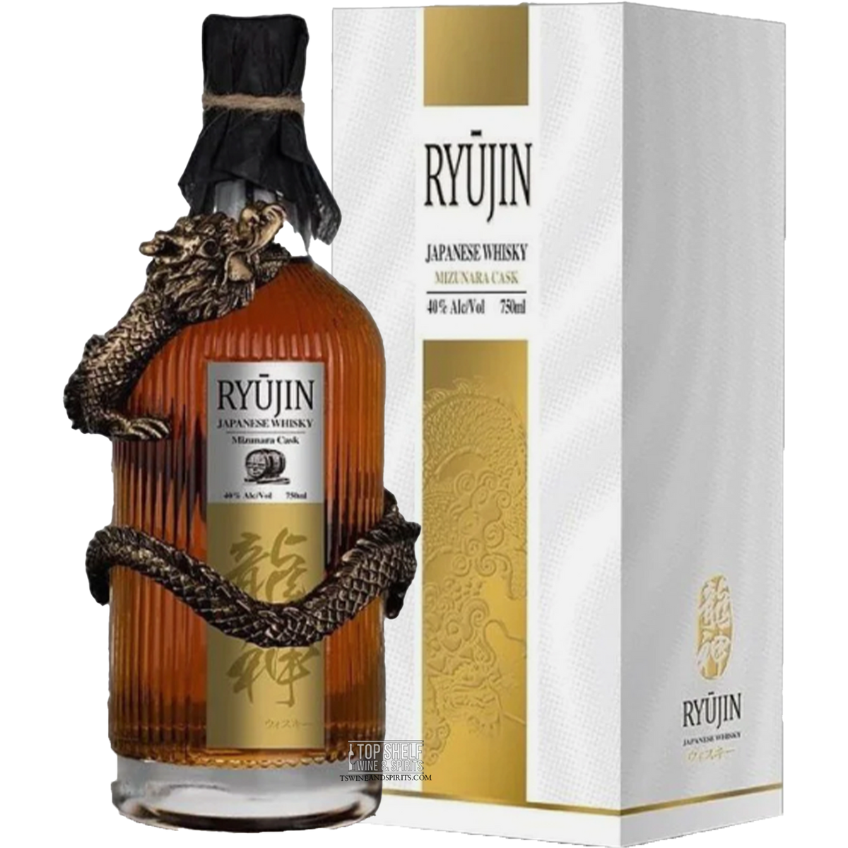Ryujin Dragon Japanese Mizunara Cask Whisky 750ml bottle with packaging, featuring a dragon design.