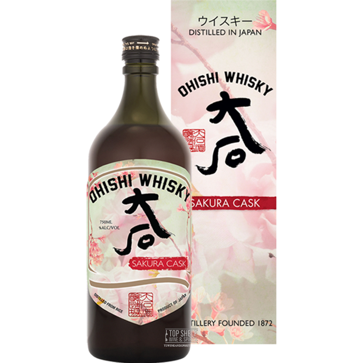 Ohishi Sakura Cask Whisky bottle and packaging featuring cherry blossom design, distilled in Japan.