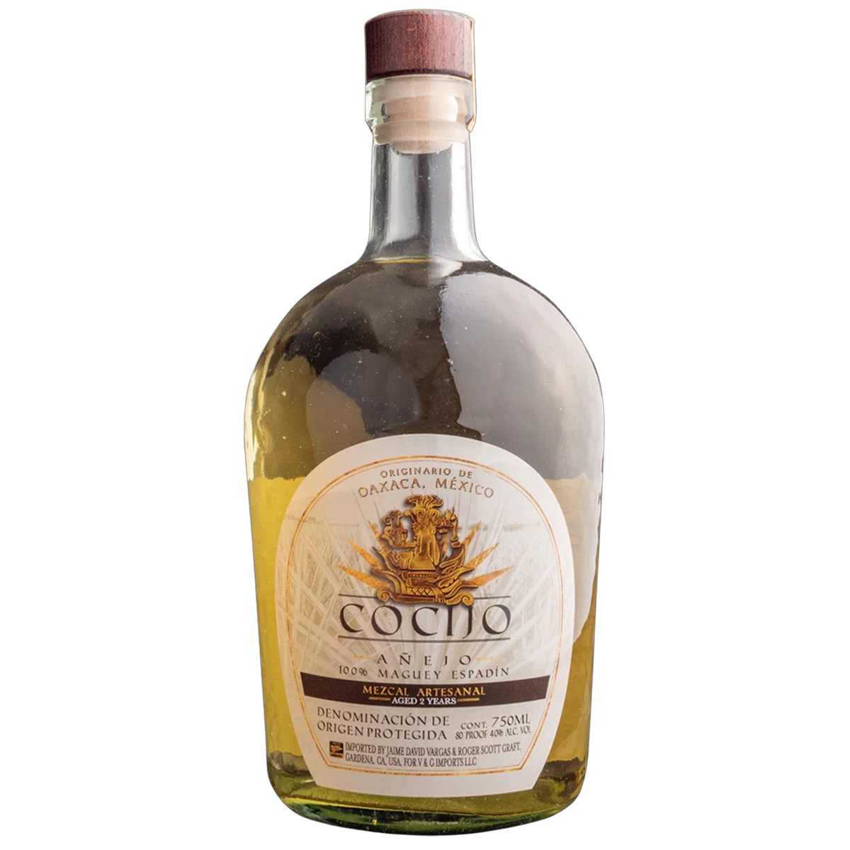Cocijo Maguey Espadín Añejo Mezcal bottle, aged 2 years, from Oaxaca, Mexico, showcasing a rich and flavorful spirit.