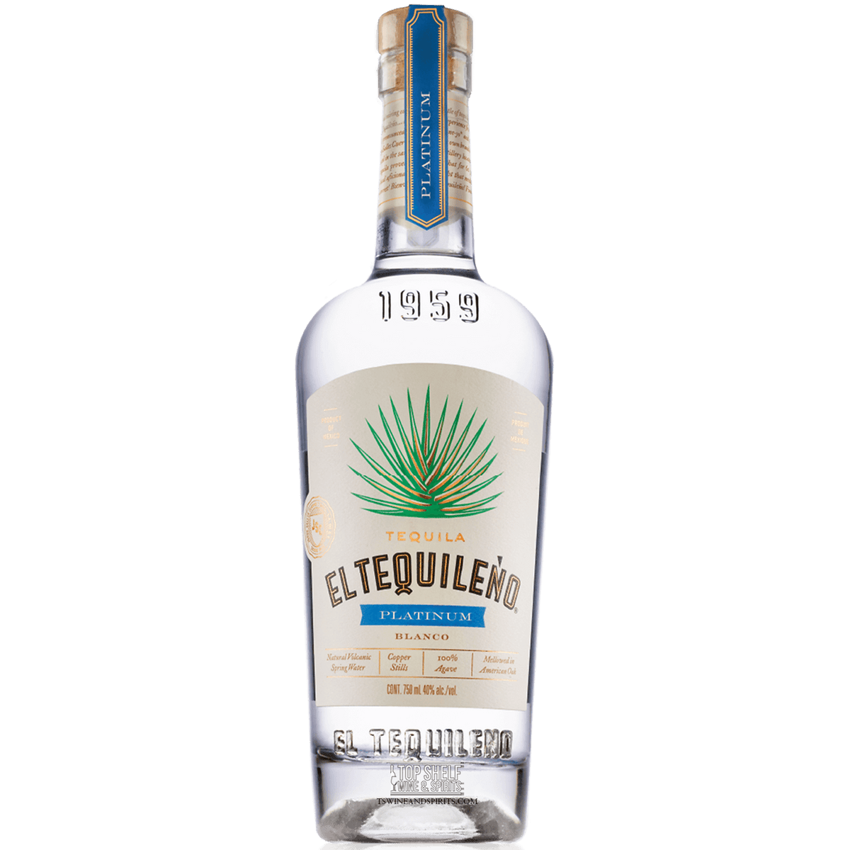 El Tequileño Platinum Blanco Tequila bottle, made from 100% agave, perfect for cocktails and margaritas.