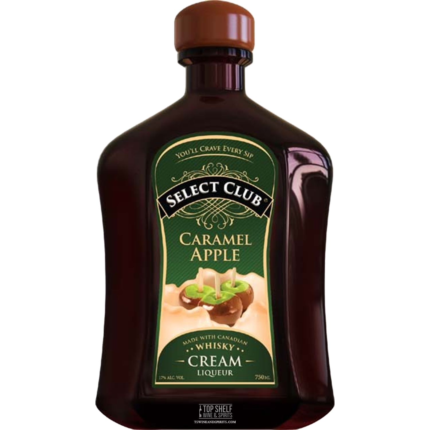 Bottle of Select Club Caramel Apple Whisky & Cream liqueur with rich caramel and granny apple flavors.